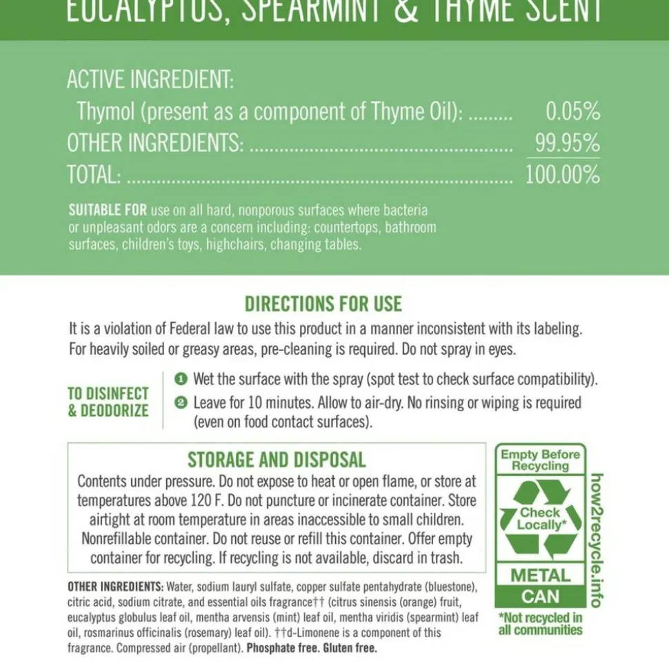 Seventh Generation Disinfectant Cleaner, Spray, 13.9 fl oz, Eucalyptus Spearmint & Thyme Scent, Case of 8 - Clear