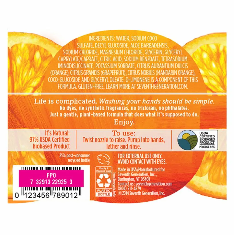 Seventh Generation Natural Liquid Hand Wash Soap, Mandarin Orange/Grapefruit Scent, 12 Oz Bottle