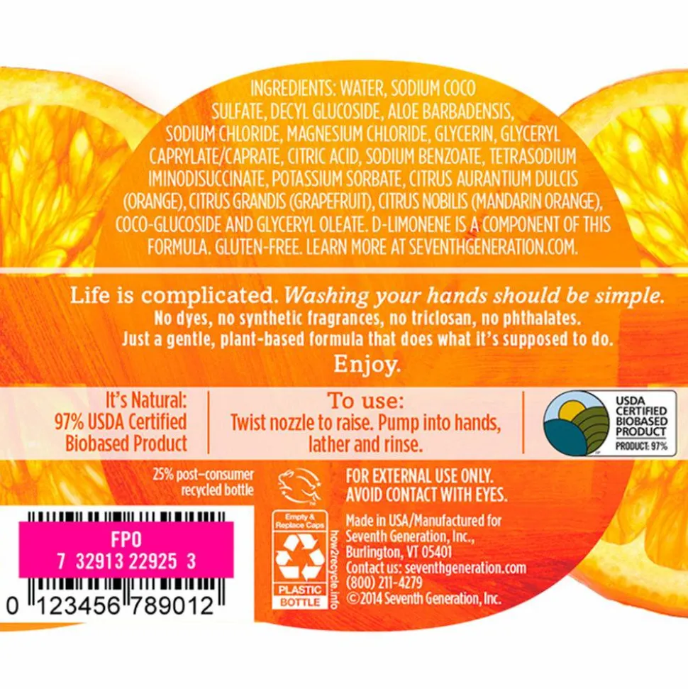 Seventh Generation Natural Liquid Hand Wash Soap, Mandarin Orange/Grapefruit Scent, 12 Oz Bottle