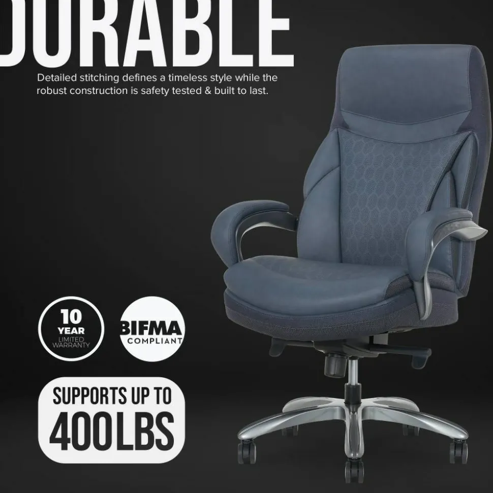 Shaquille O'Neal Maximos Big & Tall Ergonomic Vegan Leather High-Back Executive Office Chair, Blue/Silver, BIFMA Compliant