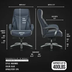 Shaquille O'Neal Maximos Big & Tall Ergonomic Vegan Leather High-Back Executive Office Chair, Blue/Silver, BIFMA Compliant