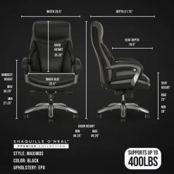 Shaquille O'Neal Maximos Big & Tall Ergonomic Vegan Leather High-Back Executive Office Chair, Black/Silver, BIFMA Compliant