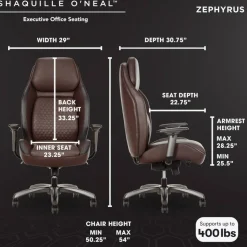 Shaquille O'Neal Zephyrus Ergonomic Bonded Leather High-Back Executive Office Chair, Walnut/Silver, BIFMA Compliant