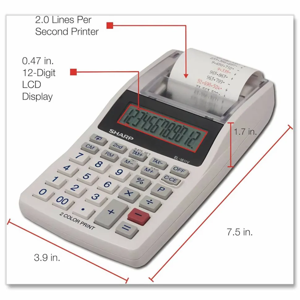 Sharp EL-1611V 12-digit Mini Printing Calculator, White