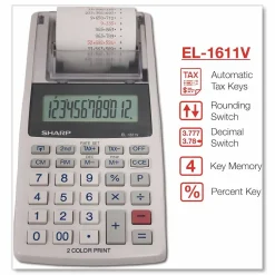 Sharp EL-1611V 12-digit Mini Printing Calculator, White