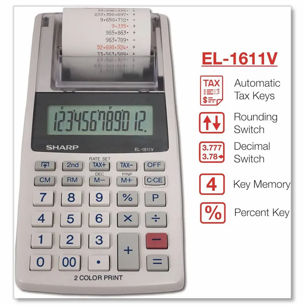 Sharp EL-1611V 12-digit Mini Printing Calculator, White