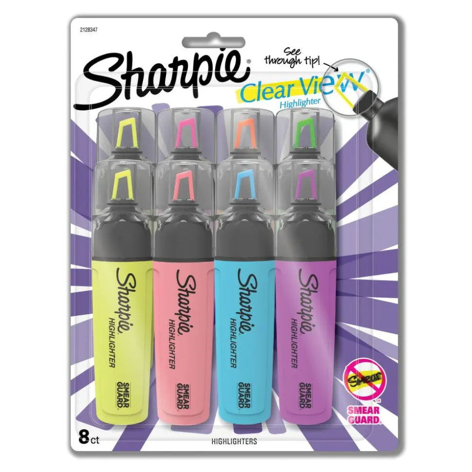 Sharpie Highlighter, Clear View Highlighter with See-Through Chisel Tip, Tank Highlighter, Assorted, 8 Count