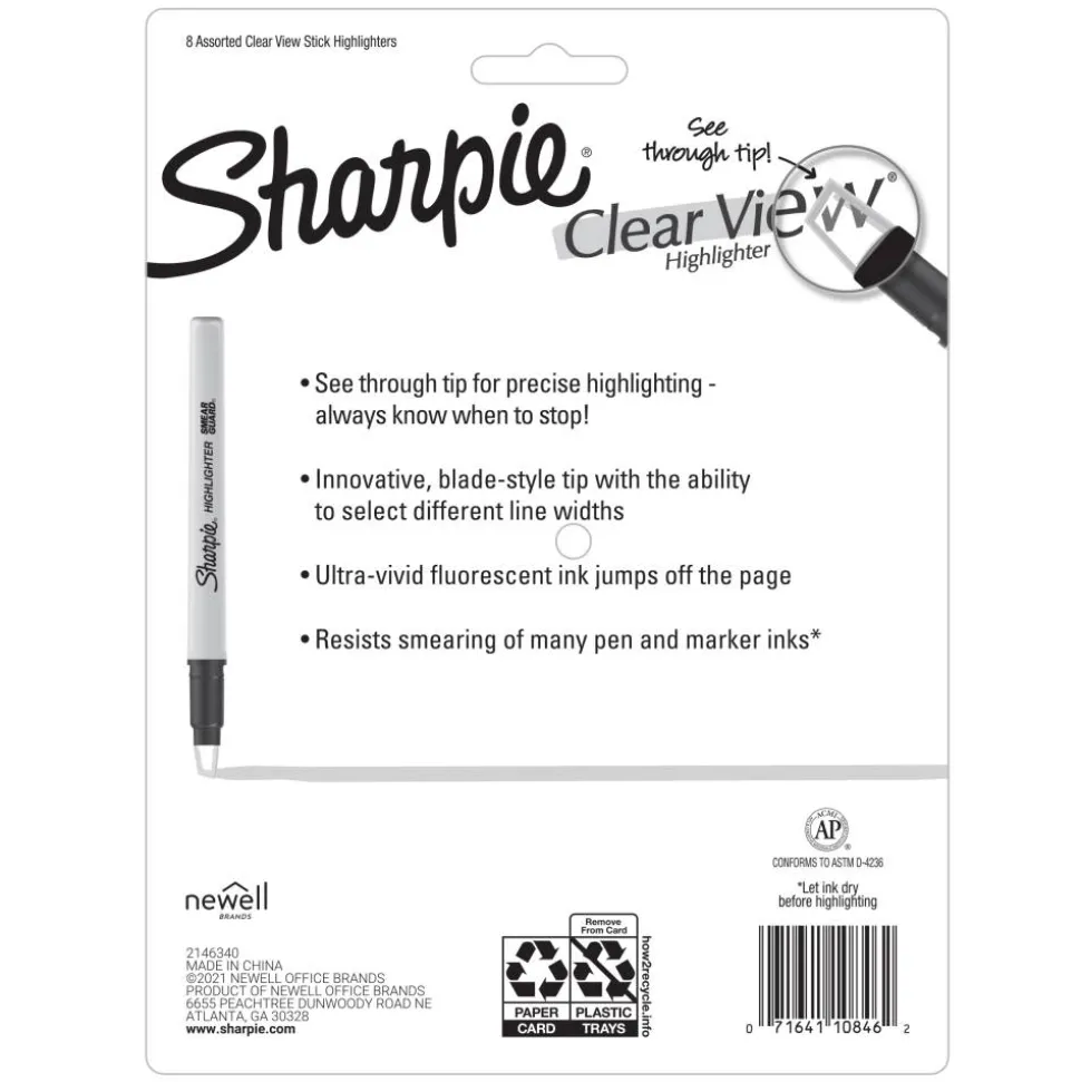 Sharpie Highlighter, Clear View Highlighter with See-Through Chisel Tip, Stick Highlighter, Assorted, 8 Count