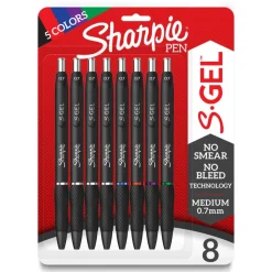 Sharpie S Gel Pens, Medium Point, 0.7 mm, Black Barrel, Assorted Ink, Pack Of 8 Pens