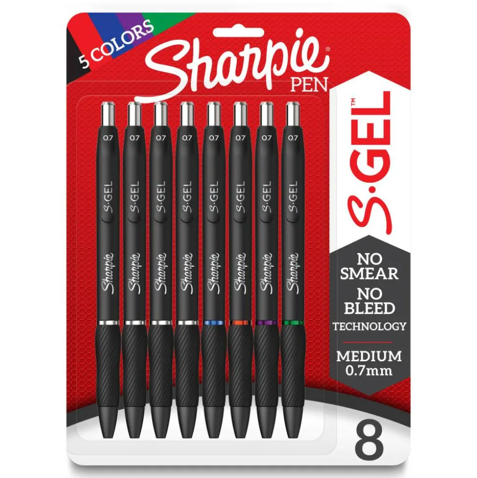 Sharpie S Gel Pens, Medium Point, 0.7 mm, Black Barrel, Assorted Ink, Pack Of 8 Pens