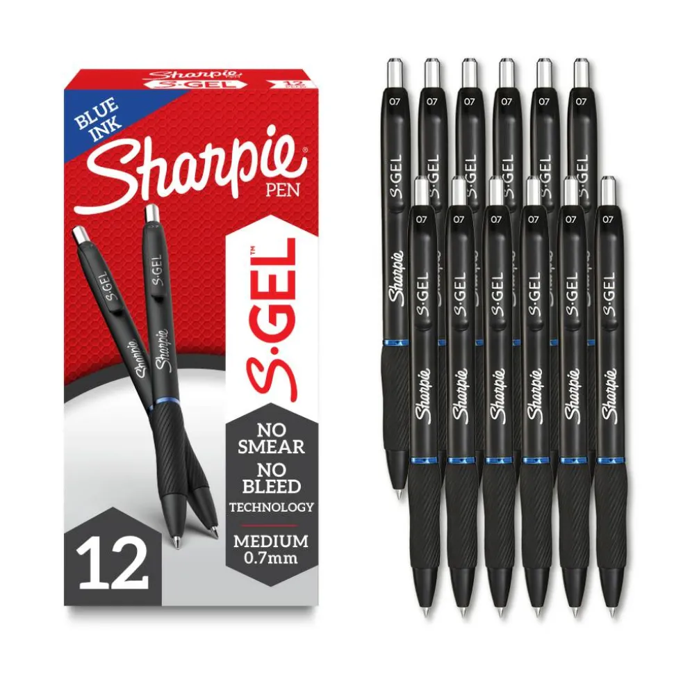 Sharpie S Gel Pens, Medium Point, 0.7 mm, Black/Blue Barrel, Blue Ink, Pack Of 12 Pens