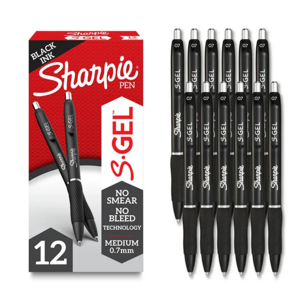Sharpie S Gel Pens, Medium Point, 0.7 mm, Black Barrel, Black Ink, Pack Of 12 Pens
