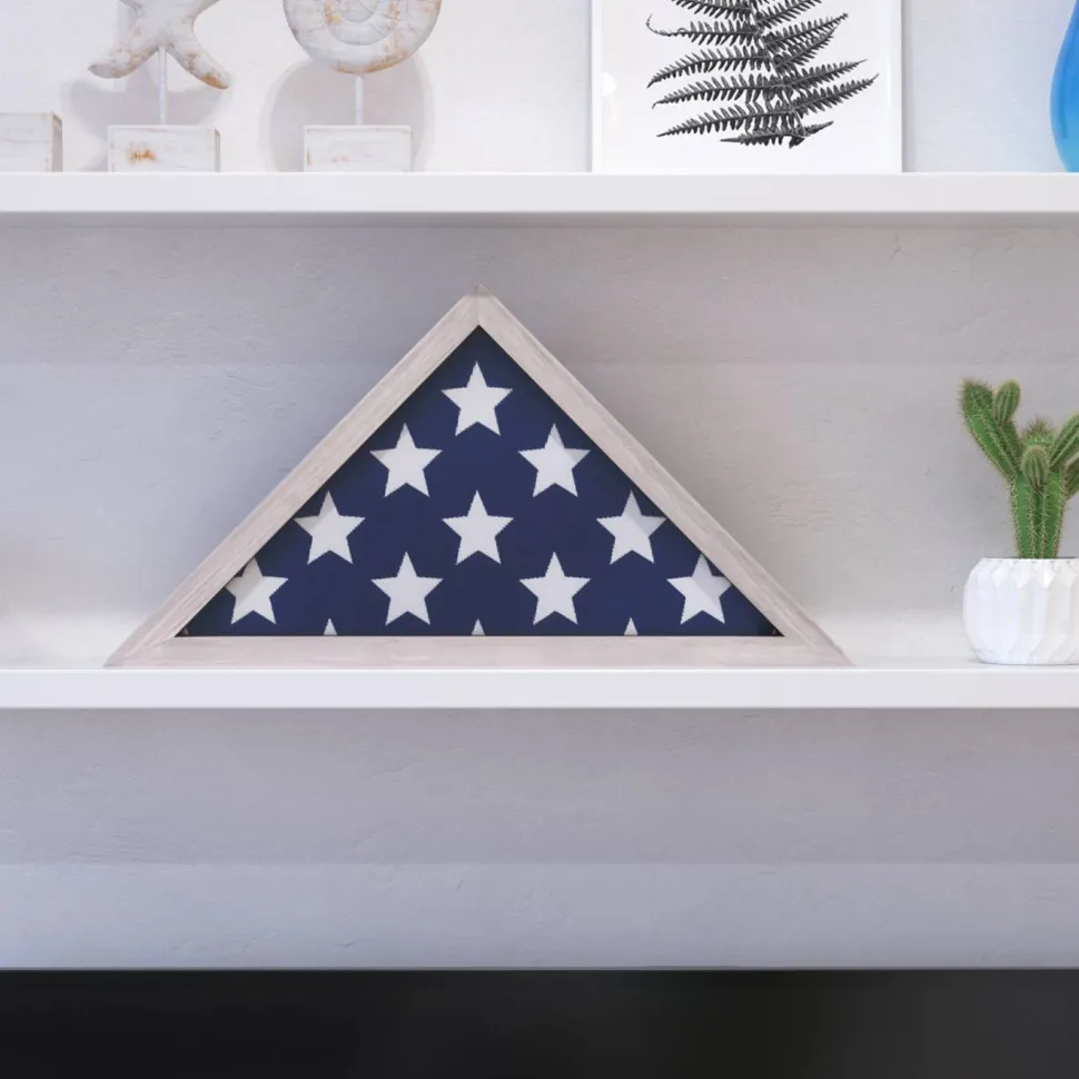 Sheehan Whitewashed Memorial Flag Display Case - Solid Wood Military Flag Display Case for 9.5 x 5 American Veteran Flag