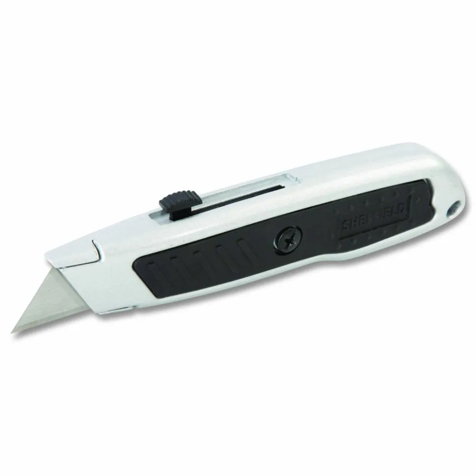 Sheffield Retractable Utility Knife, 1.25" Blade, 3.5" Plastic Handle, Black/Gray