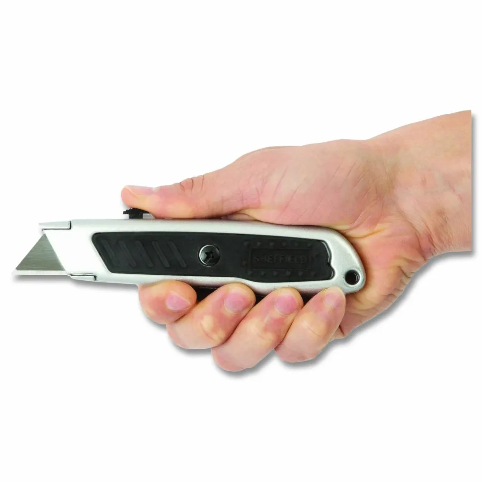 Sheffield Retractable Utility Knife, 1.25" Blade, 3.5" Plastic Handle, Black/Gray