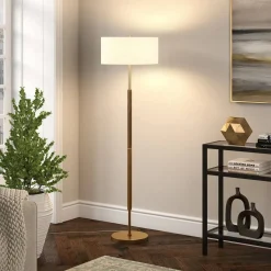 Simone 2-Light Floor Lamp with Fabric Shade in Rustic Oak/Brass/White