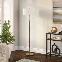 Simone 2-Light Floor Lamp with Fabric Shade in Rustic Oak/Brass/White