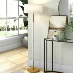 Simone 2-Light Floor Lamp with Fabric Shade in Matte White/Brass /White