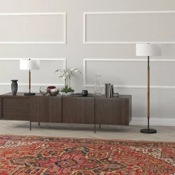 Simone 2-Light Floor Lamp with Fabric Shade in Blackened Bronze/Rustic Oak/White