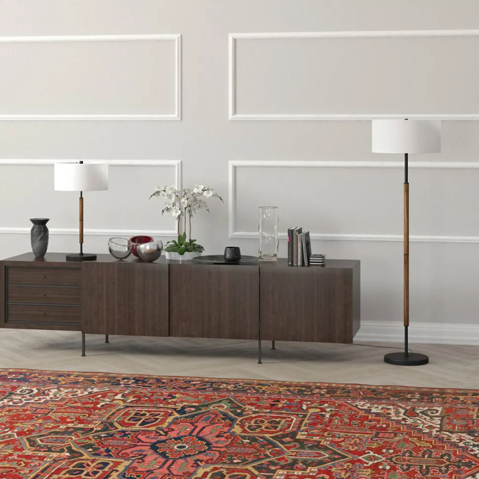 Simone 2-Light Floor Lamp with Fabric Shade in Blackened Bronze/Rustic Oak/White