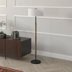 Simone 2-Light Floor Lamp with Fabric Shade in Blackened Bronze/Rustic Oak/White