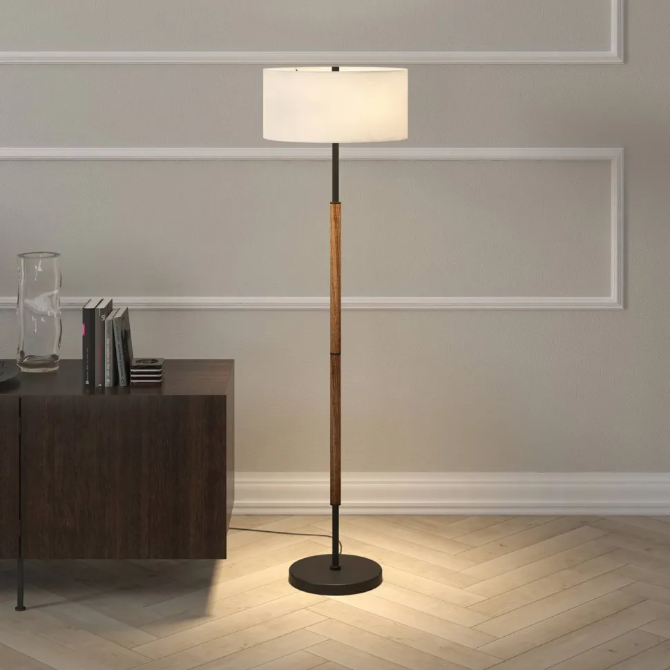 Simone 2-Light Floor Lamp with Fabric Shade in Blackened Bronze/Rustic Oak/White
