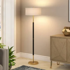 Simone 2-Light Floor Lamp with Fabric Shade in Matte Black/Brass/White