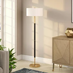 Simone 2-Light Floor Lamp with Fabric Shade in Matte Black/Brass/White