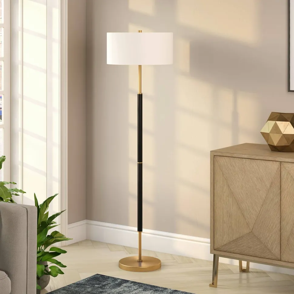 Simone 2-Light Floor Lamp with Fabric Shade in Matte Black/Brass/White