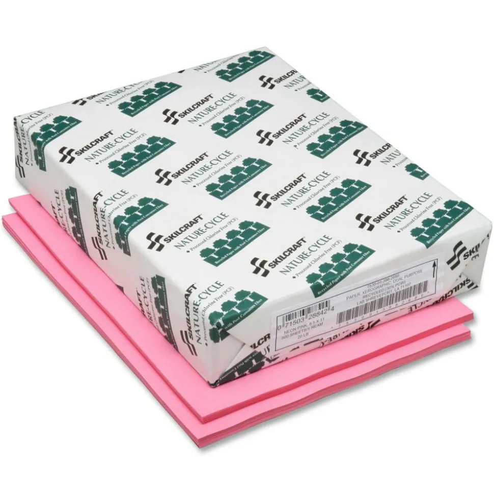 SKILCRAFT Neon Color Copy Paper, Neon Pink, Letter (8.5" x 11"), 500 Sheets Per Ream, 20 Lb, 30% Recycled