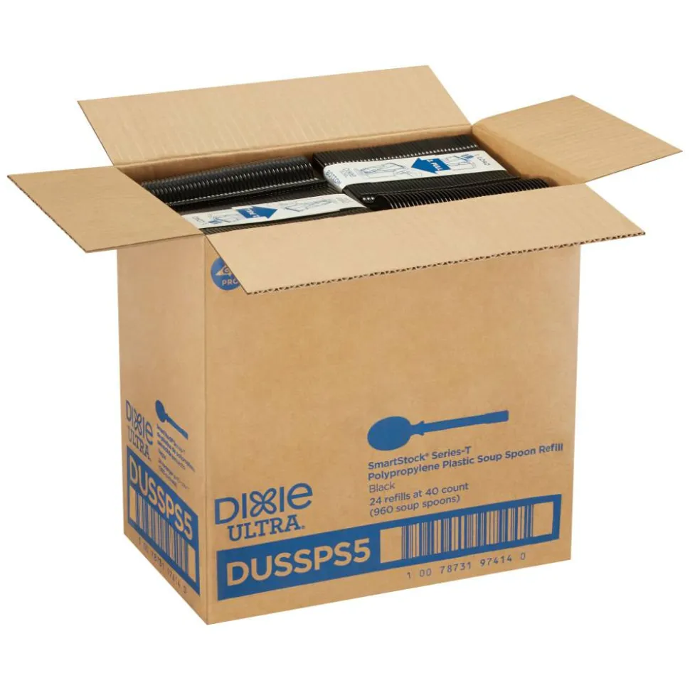 SmartStock T-Series Disposable Cutlery Refills, Polypropylene Soup Spoons, Black, 40 Spoons Per Refill, Box Of 24 Refills