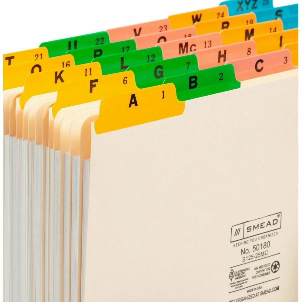 Smead A To Z File Guides With Color Tabs, 1/5-Cut Tabs, Letter Size, Manila, Pack Of 25 (50180)