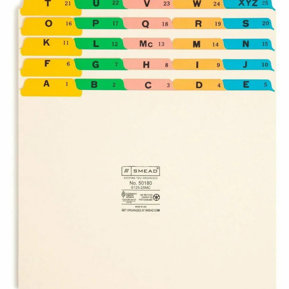 Smead A To Z File Guides With Color Tabs, 1/5-Cut Tabs, Letter Size, Manila, Pack Of 25 (50180)