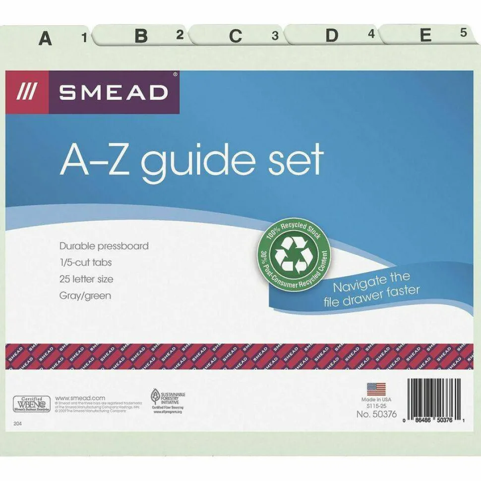 Smead A-Z Pressboard File Guides, 1/5 Cut, Letter Size, 100% Recycled, Green, Set Of 25