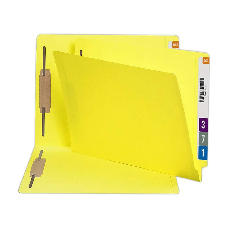 Smead Color End-Tab Folders With Fasteners, Straight Cut, Letter Size, Yellow, Pack Of 50