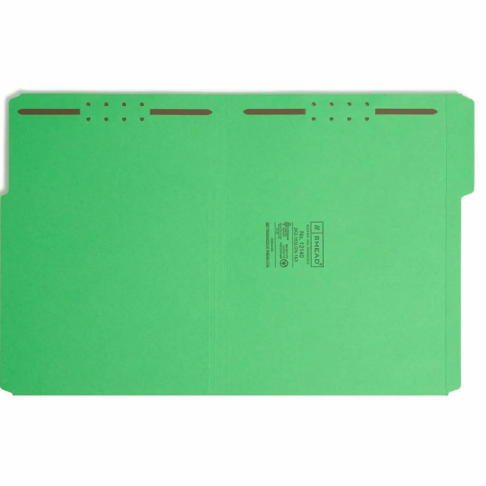 Smead Color Reinforced Tab Fastener Folders, Letter Size, 1/3 Cut, Green, Pack Of 50