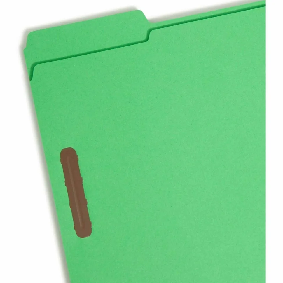 Smead Color Reinforced Tab Fastener Folders, Letter Size, 1/3 Cut, Green, Pack Of 50