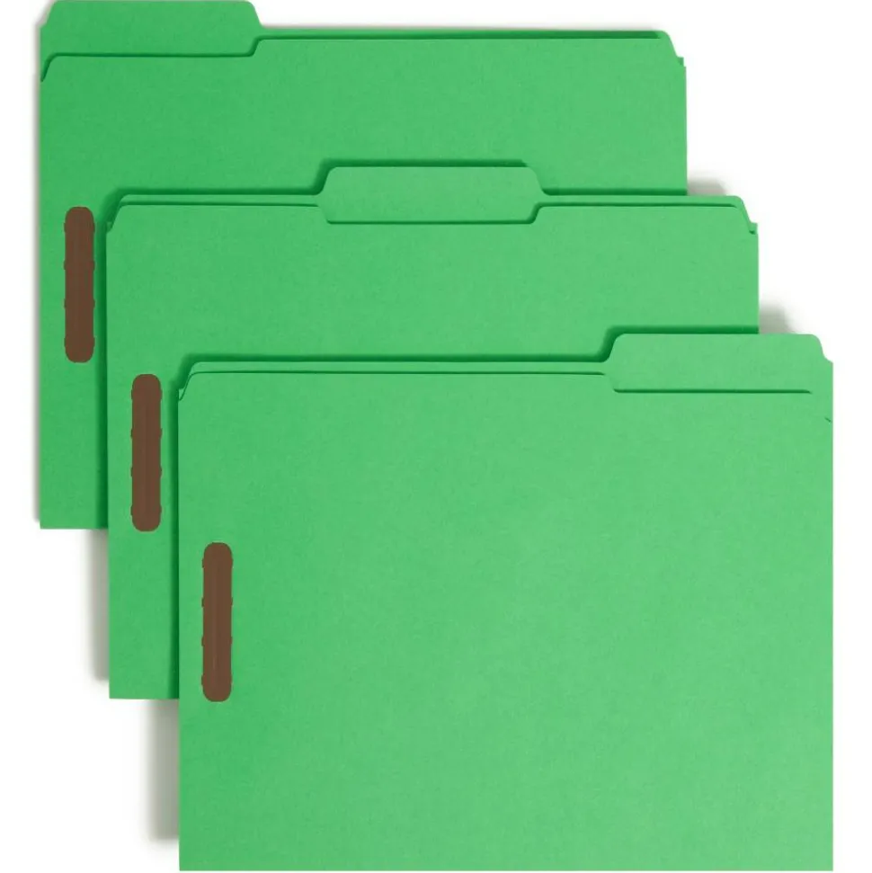 Smead Color Reinforced Tab Fastener Folders, Letter Size, 1/3 Cut, Green, Pack Of 50