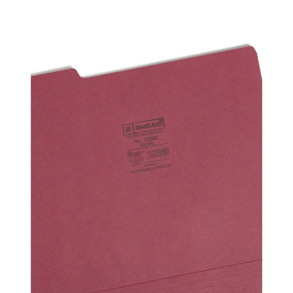 Smead 1/3-Cut Color Top-Tab File Folders, Letter Size, Maroon, Box Of 100