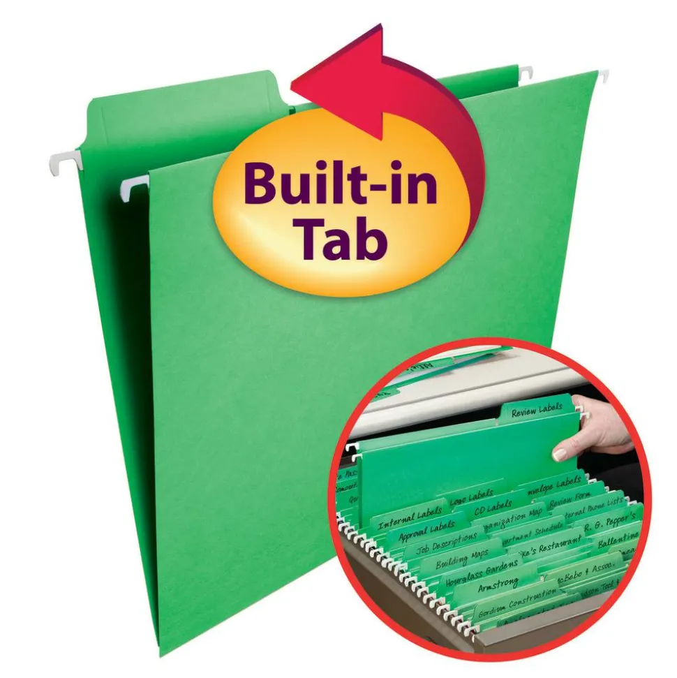 Smead FasTab Hanging File Folder, Letter Size, Green, Box Of 20