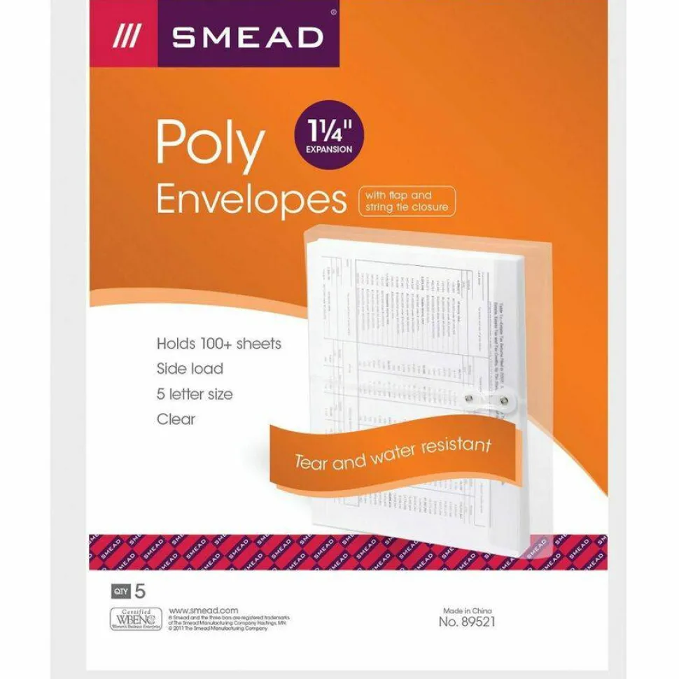 Smead Poly Envelopes With String-Tie Closure, 1 1/4" Expansion, Letter Size, Clear, Pack Of 5 Envelopes