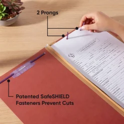 Smead Pressboard Classification Folders, 2/5-Cut Tab, Expands 2", 2 Dividers, 6 SafeSHIELD Fasteners, Legal Size, Red, 10/Box