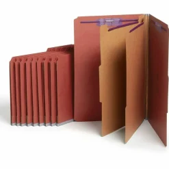 Smead Pressboard Classification Folders, 2/5-Cut Tab, Expands 2", 2 Dividers, 6 SafeSHIELD Fasteners, Legal Size, Red, 10/Box