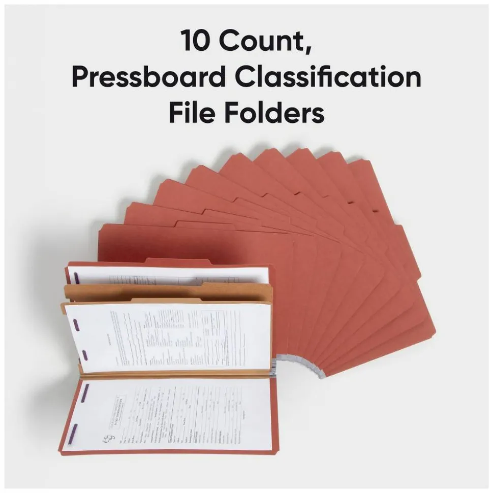 Smead Pressboard Classification Folders, 2/5-Cut Tab, Expands 2", 2 Dividers, 6 SafeSHIELD Fasteners, Legal Size, Red, 10/Box