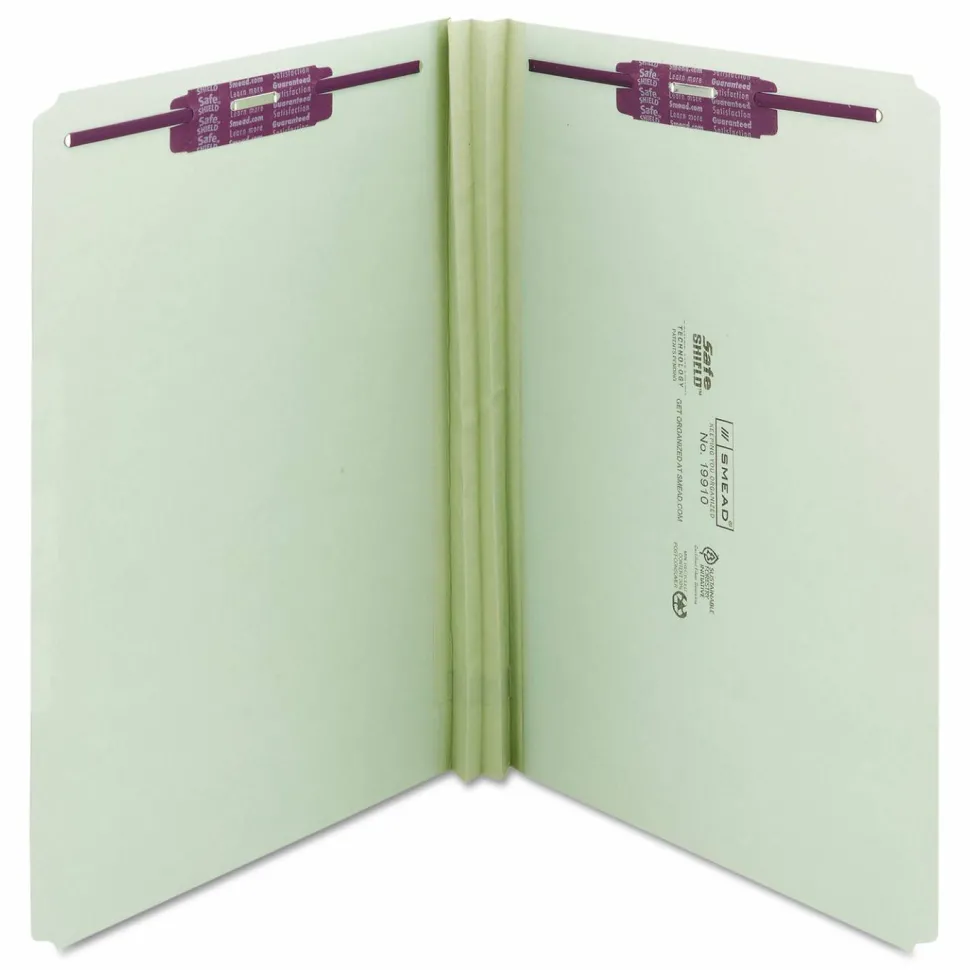 Smead Pressboard Fastener Folders With SafeSHIELD Coated Fasteners, 2" Expansion, Legal Size, Gray/Green, Box Of 25
