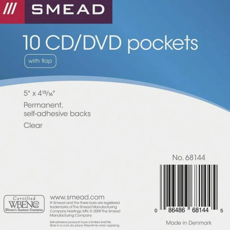 Smead Self-Adhesive CD/DVD Pockets, 4.9"H x 5"W, Clear, Poly, 10 / Pack
