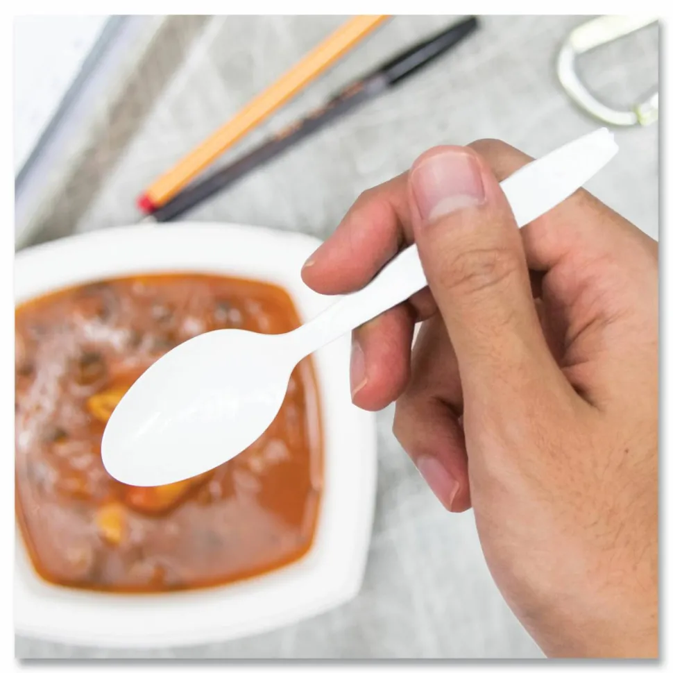 SOLO Impress Heavyweight Full-Length Polystyrene Cutlery, Spoon, Plastic, White, 100/Box