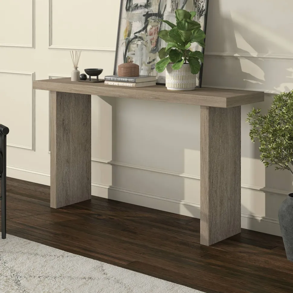 Soren 55" Wide Rectangular Console Table in Antiqued Gray Oak