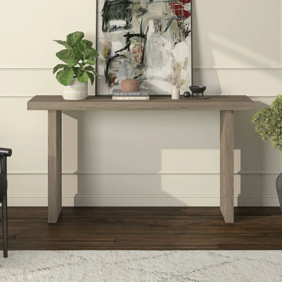 Soren 55" Wide Rectangular Console Table in Antiqued Gray Oak