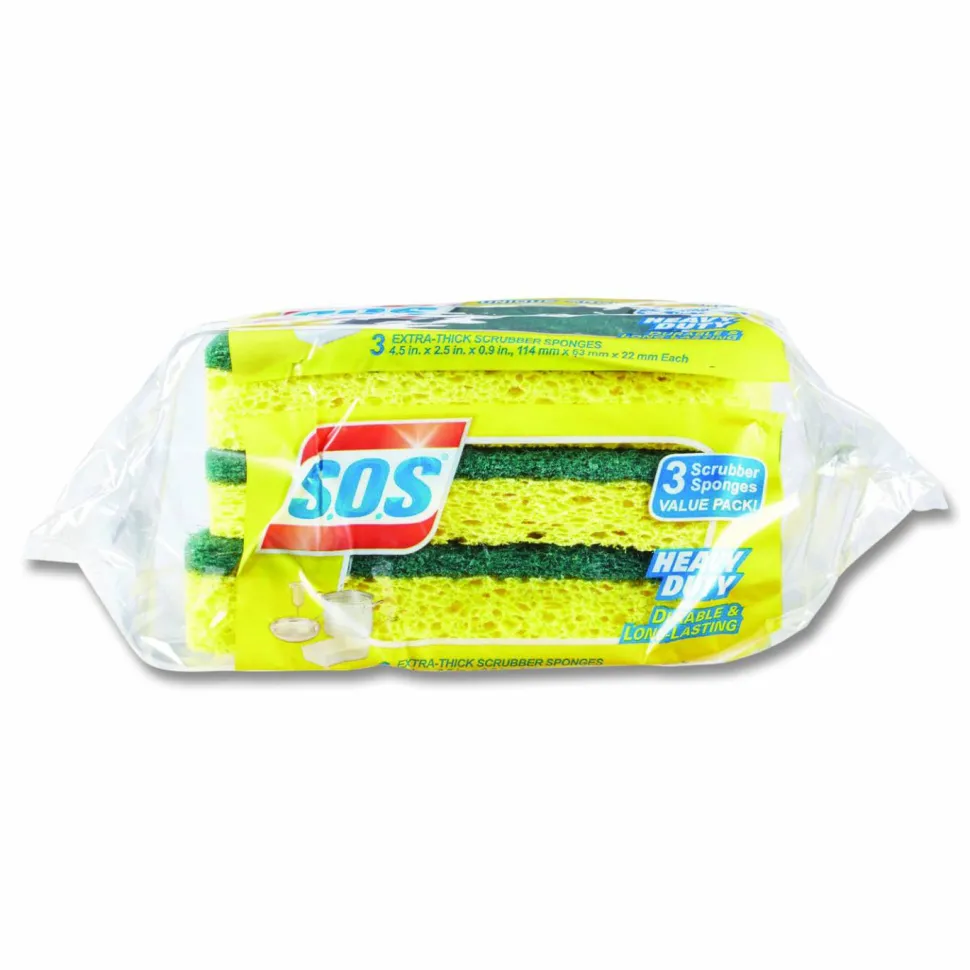 S.O.S Heavy Duty Scrubber Sponge 4.5" Height x 2.5" Width x 900 mil Thickness 8/Carton Scrim Yellow, Green